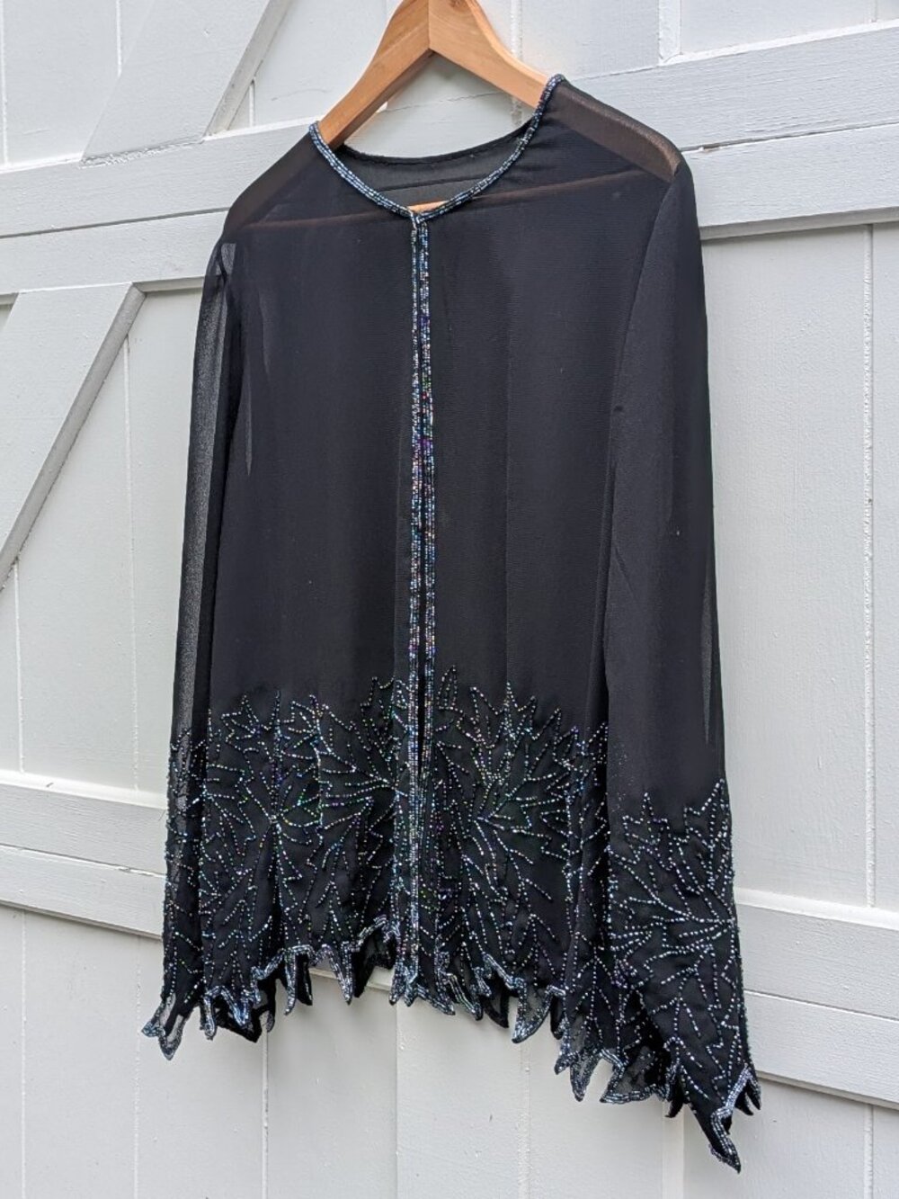 Vintage 90s Sheer Black Beaded Iridescent Leaf Scalloped Evening Jacket M L
